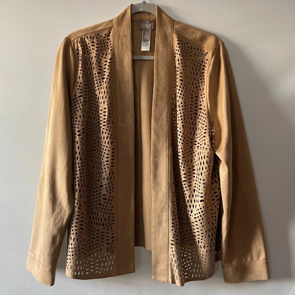 Chico's Womens Arabian Camel Brown Open Front Faux Suede Jacket Size 2 US Large